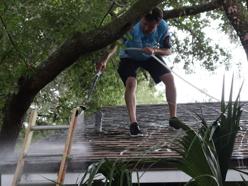 Softwashing low pressure roof cleaning